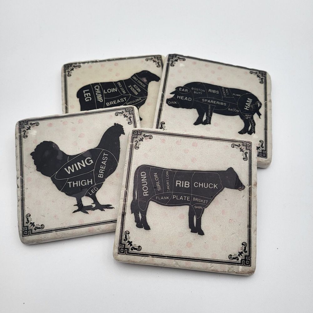 Set of 4 Farm Animal Meat Cuts Ceramic Coasters Cork Backing